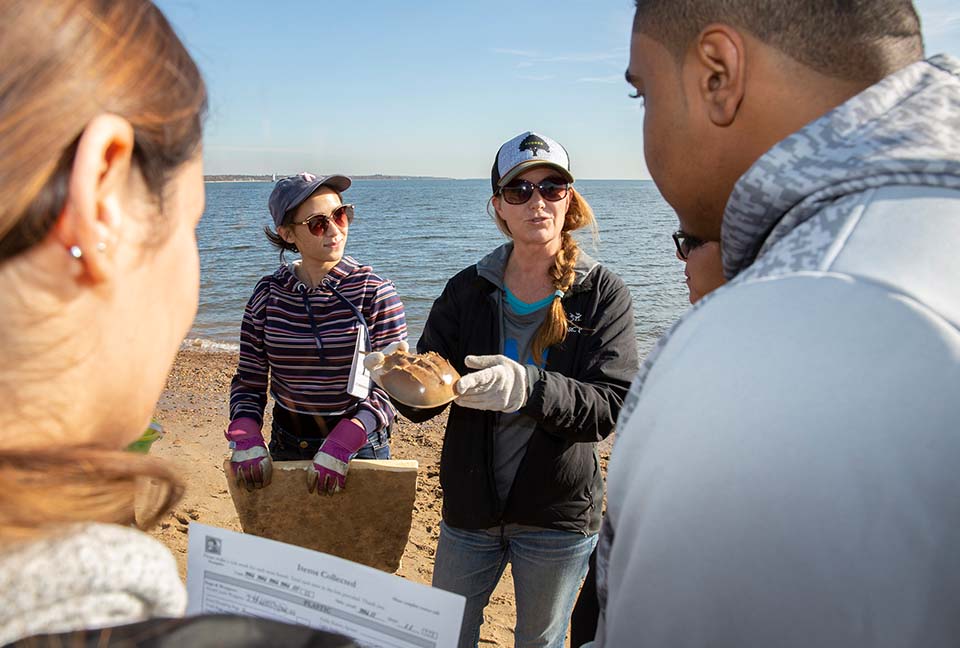 Claire Condie leading a group of students at a beach