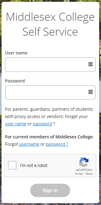 Middlesex College Self Service login screen. Enter your NetID username and password to sign in. 